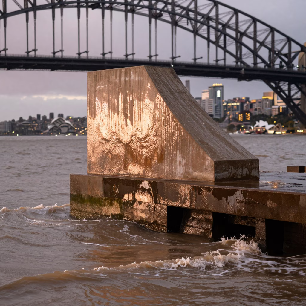 Sydney Harbour Bridge Pier Cutwater Splitting Flood Brown Current Before Dusk in in Sydney, New South Wales, Australia