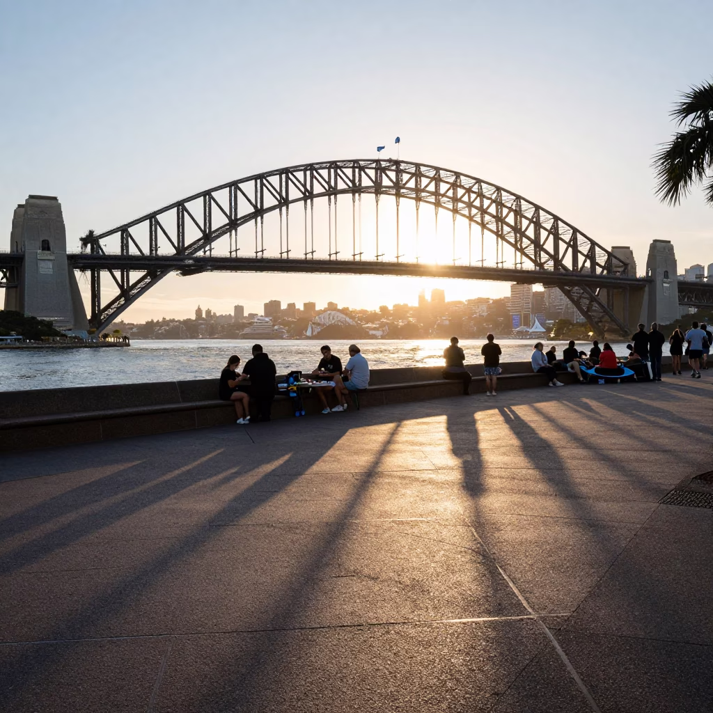 Sydney Harbour Bridge shadow at dawn with breakfast spread and morning light in in Sydney, New South Wales, Australia