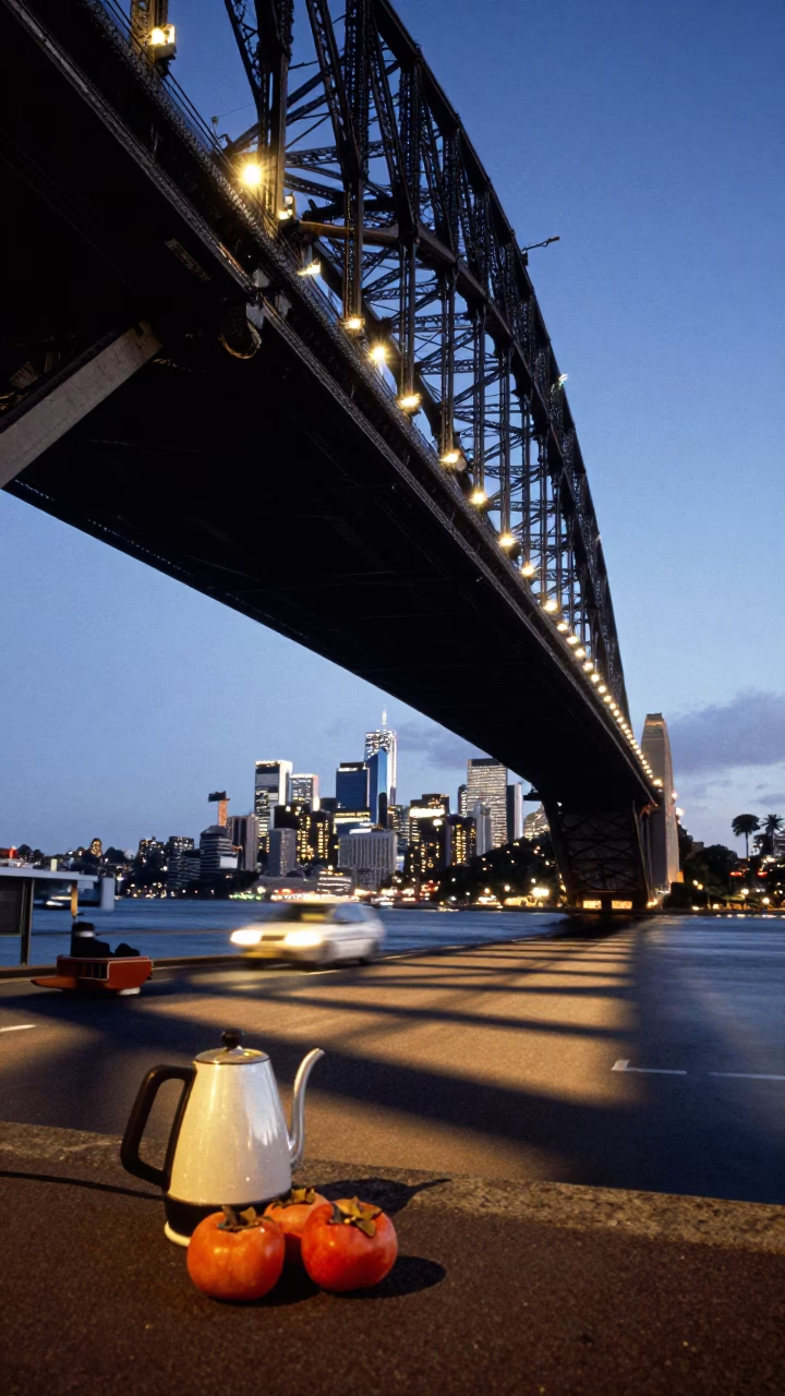 Sydney Harbour Bridge Shadow Under Electric Kettle and Persimmons at Blue Hour in in Sydney, New South Wales, Australia