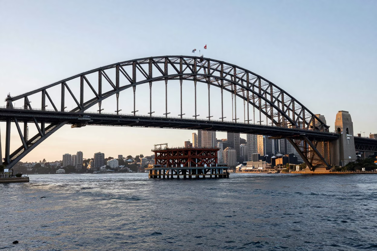 Sydney Harbour Bridge steel beams and welding sparks at sunrise with city skyline in in Sydney, New South Wales, Australia