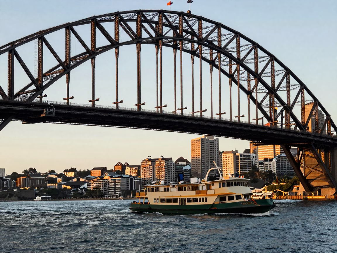 Sydney Harbour Bridge Steel Girders and Ferry in Honeyed Evening Light in in Sydney, New South Wales, Australia