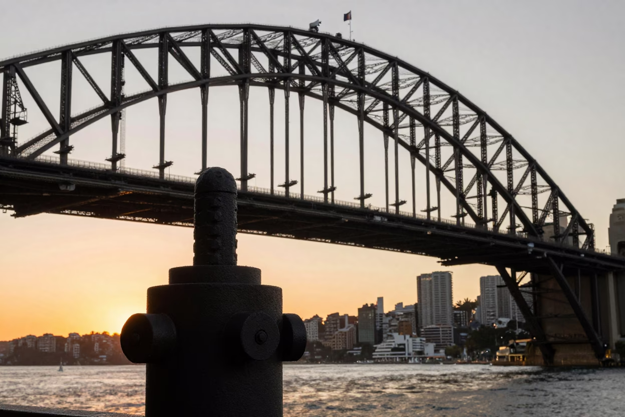 Sydney Harbour Bridge steel turnbuckle detail at sunset in New South Wales in in Sydney, New South Wales, Australia