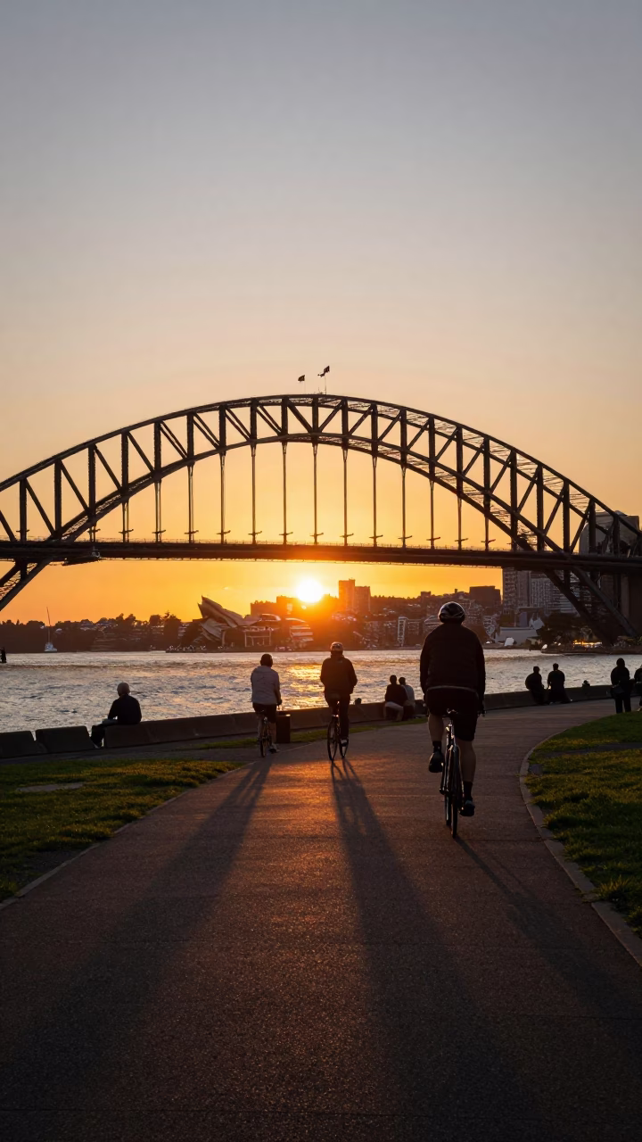 Sydney Harbour Bridge Sunset and Harbour Bridge Cycling Path with Seashells and Glass Jar in in Sydney, New South Wales, Australia