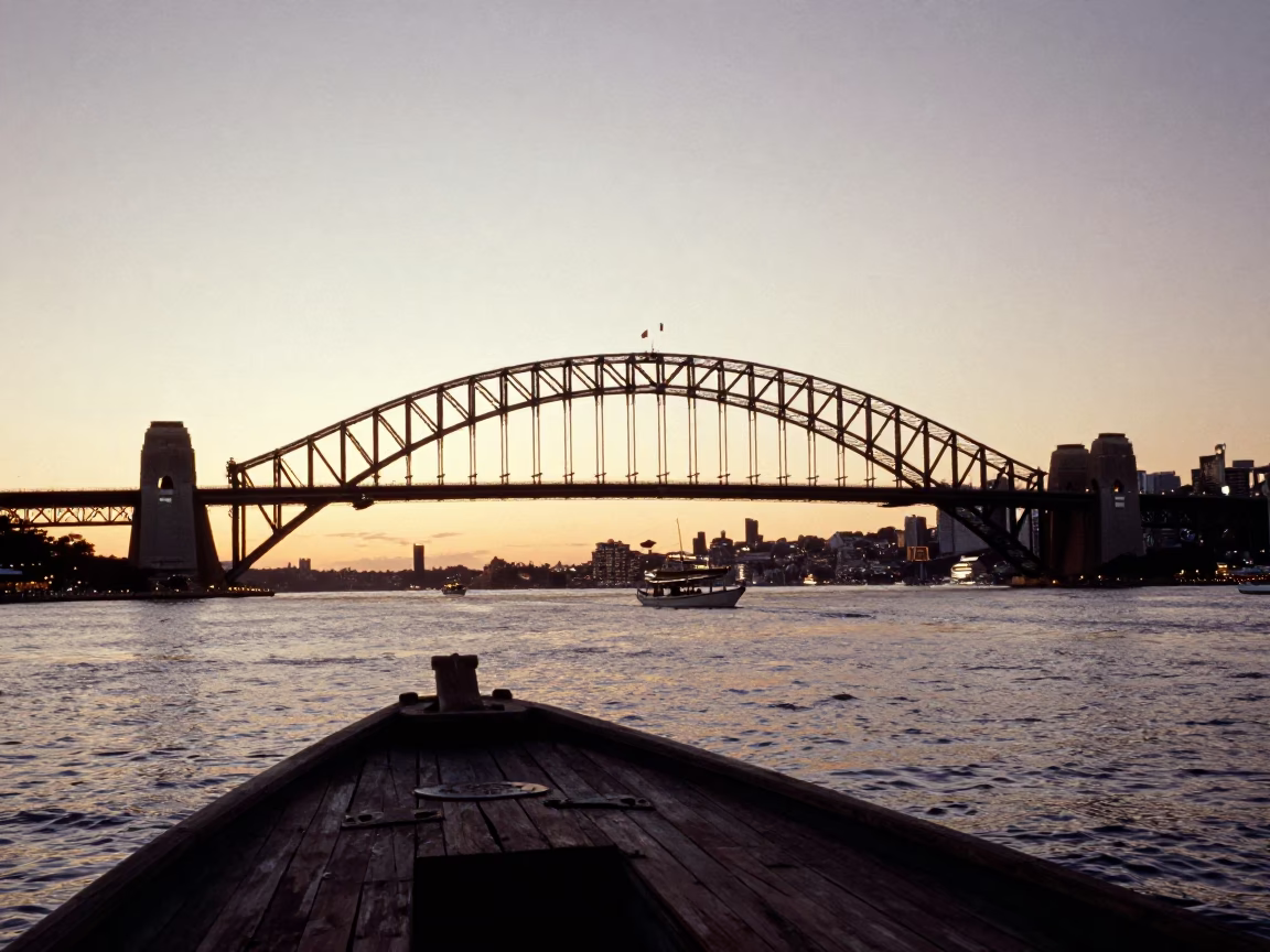 Sydney Harbour Bridge Sunset Silhouette with Dhow Boat and Frayed Rope Detail in in Sydney, New South Wales, Australia