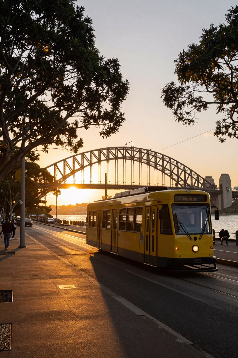 Sydney Harbour Bridge Sunset Tram Car on Tree Lined Boulevard in in Sydney, New South Wales, Australia