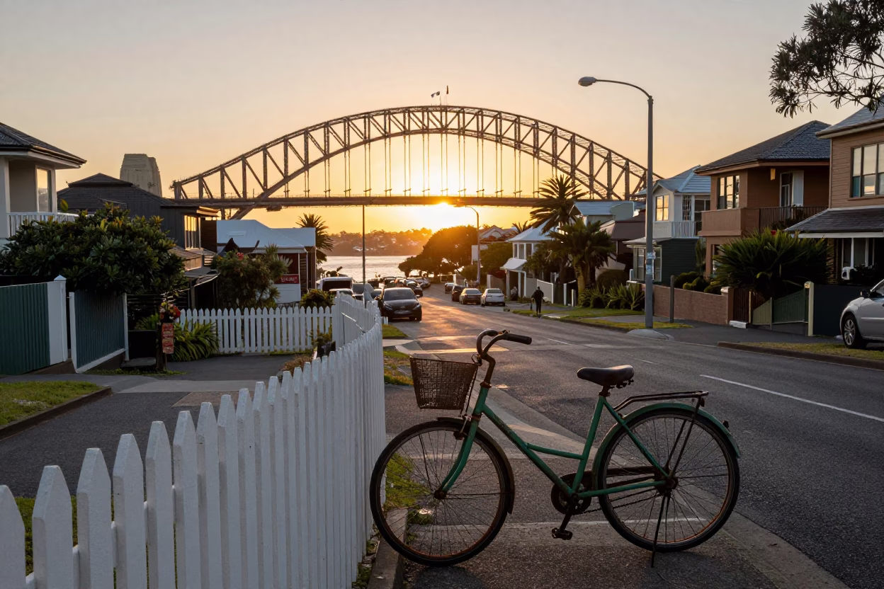 Sydney Harbour Bridge sunset view from Balmain residential street with vintage bicycle in in Sydney, New South Wales, Australia