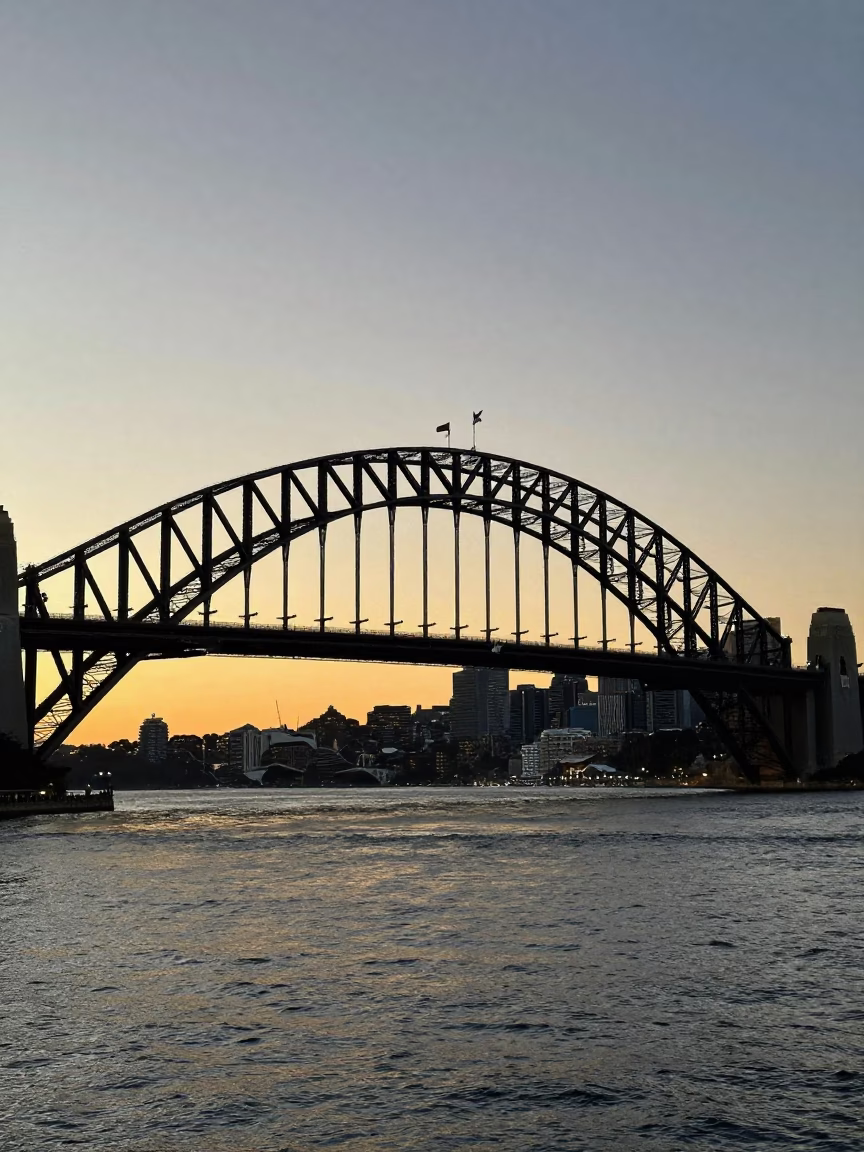 Sydney Harbour Bridge Sunset View with Steel Architecture and Coastal Urban Scenery in in Sydney, New South Wales, Australia