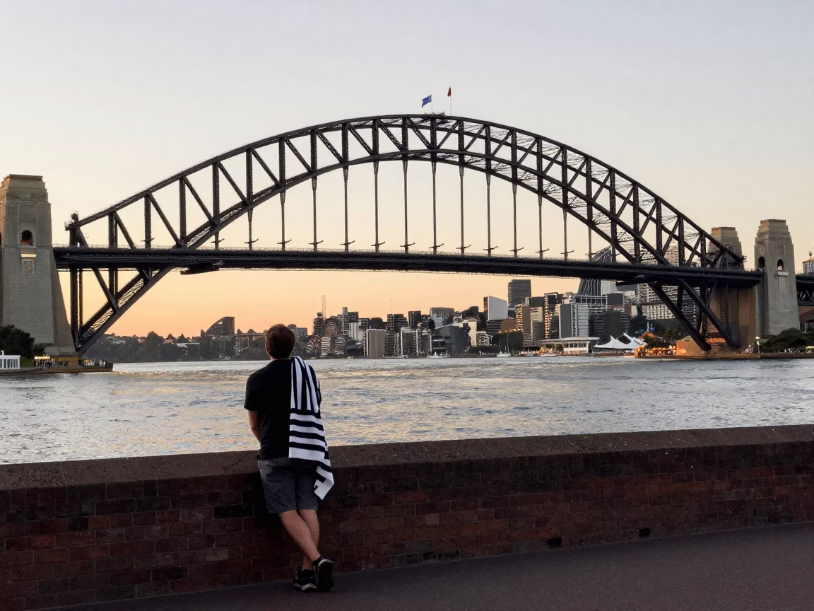 Sydney Harbour Bridge Sunset View with Striped Towel and Urban Life in in Sydney, New South Wales, Australia