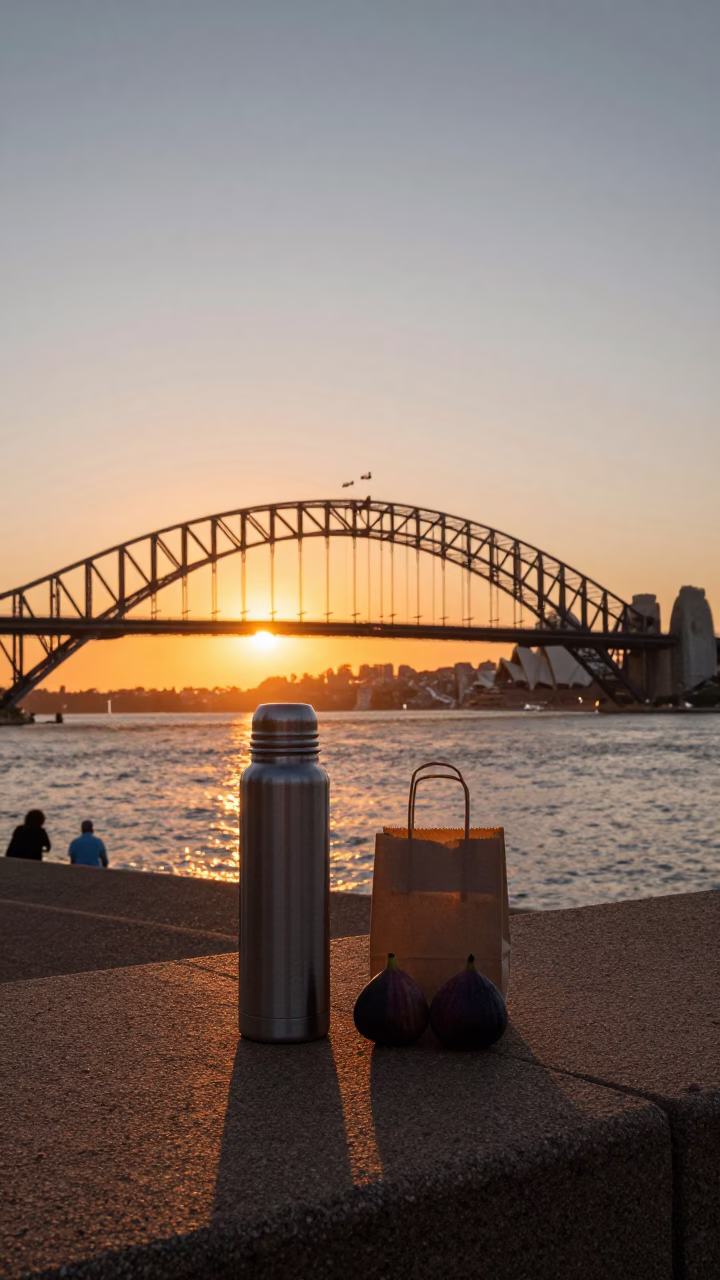 Sydney Harbour Bridge sunset view with thermos and figs on bench in in Sydney, New South Wales, Australia