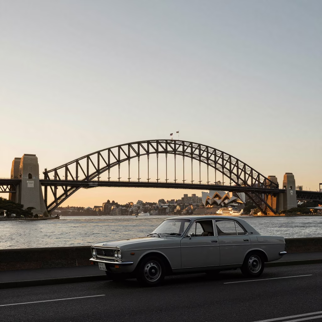 Sydney Harbour Bridge Sunset View with Vintage Car and Urban Street Scene in in Sydney, New South Wales, Australia