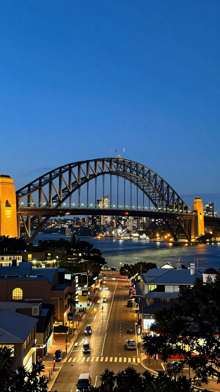 Sydney Harbour Bridge twilight city lights glow evening street photography in in Sydney, New South Wales, Australia