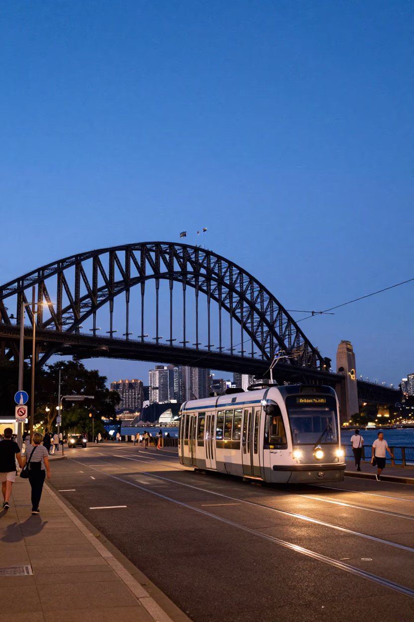 Sydney Harbour Bridge Twilight Street Scene with Tramway and Urban Details in in Sydney, New South Wales, Australia