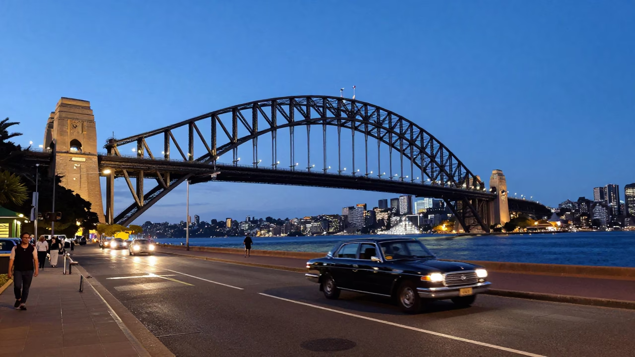 Sydney Harbour Bridge twilight street scene with vintage car and pedestrians in in Sydney, New South Wales, Australia