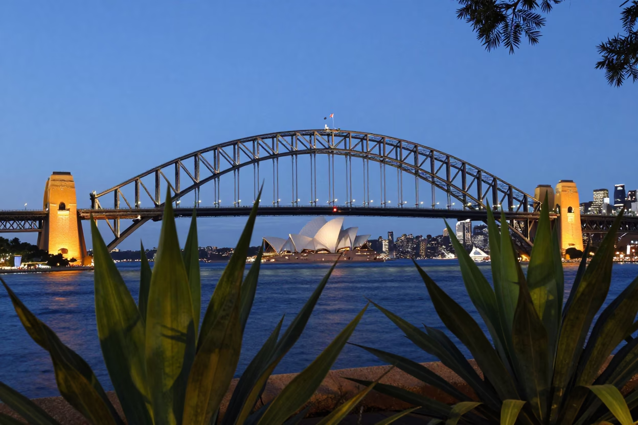 Sydney Harbour Bridge Twilight View from Barangaroo with Houseplants and Wicker Chair Shadow in in Sydney, New South Wales, Australia
