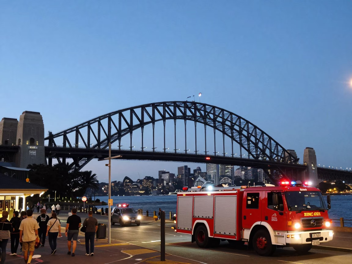 Sydney Harbour Bridge Twilight View with Fire Engine and Urban Street Details in in Sydney, New South Wales, Australia