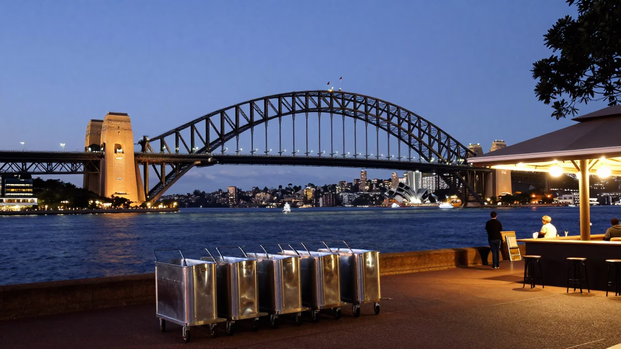 Sydney Harbour Bridge twilight view with rolling carts and street scene in in Sydney, New South Wales, Australia