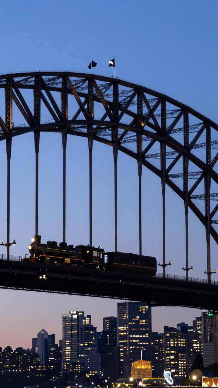 Sydney Harbour Bridge Twilight View with Steam Locomotive Crossing and Urban Infrastructure in in Sydney, New South Wales, Australia