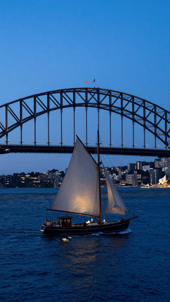Sydney Harbour Bridge Twilight View with Vintage Sailboat and Coastal Street Scene in in Sydney, New South Wales, Australia