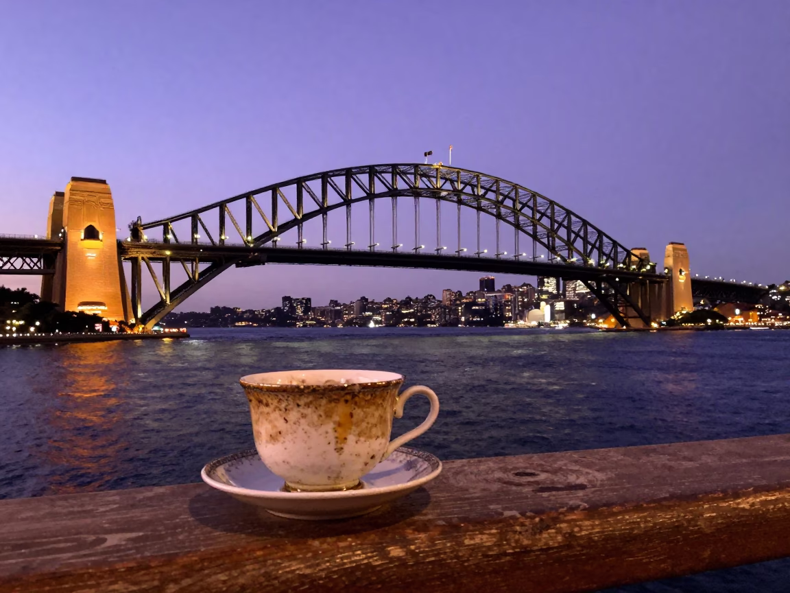 Sydney Harbour Bridge Twilight View with Vintage Tea Stains and Bleeding Heart Vine Details in in Sydney, New South Wales, Australia
