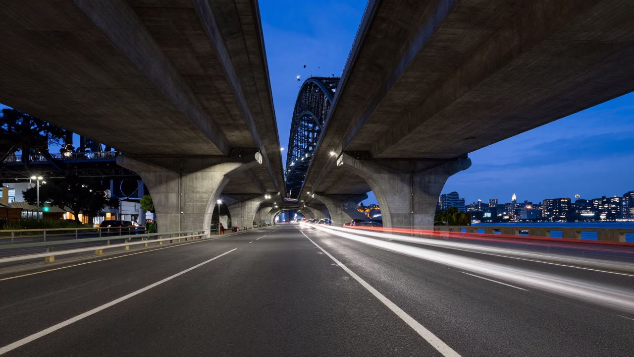 Sydney Harbour Bridge Underpass Twilight Traffic Shadows and Urban Street Scene in in Sydney, New South Wales, Australia