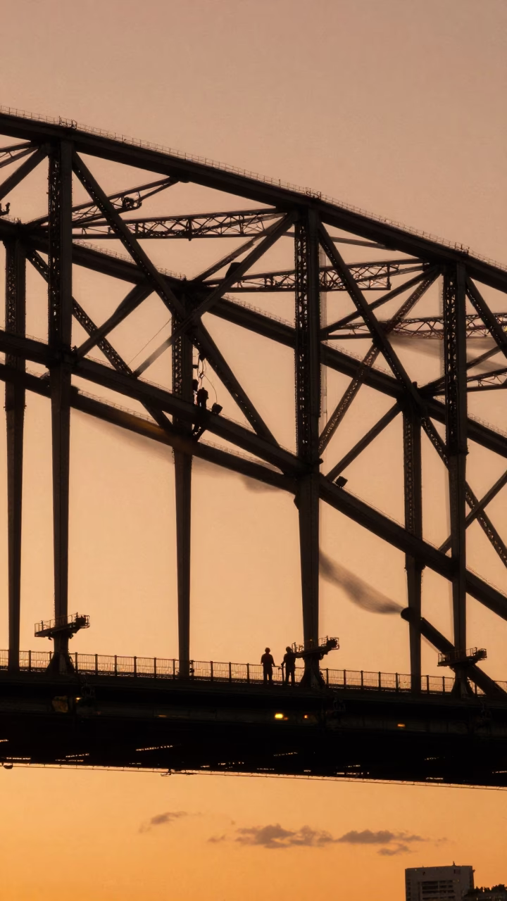 Sydney Harbour Bridge Workers in Copper Dusk Light with Rust Tools and Ledger in in Sydney, New South Wales, Australia
