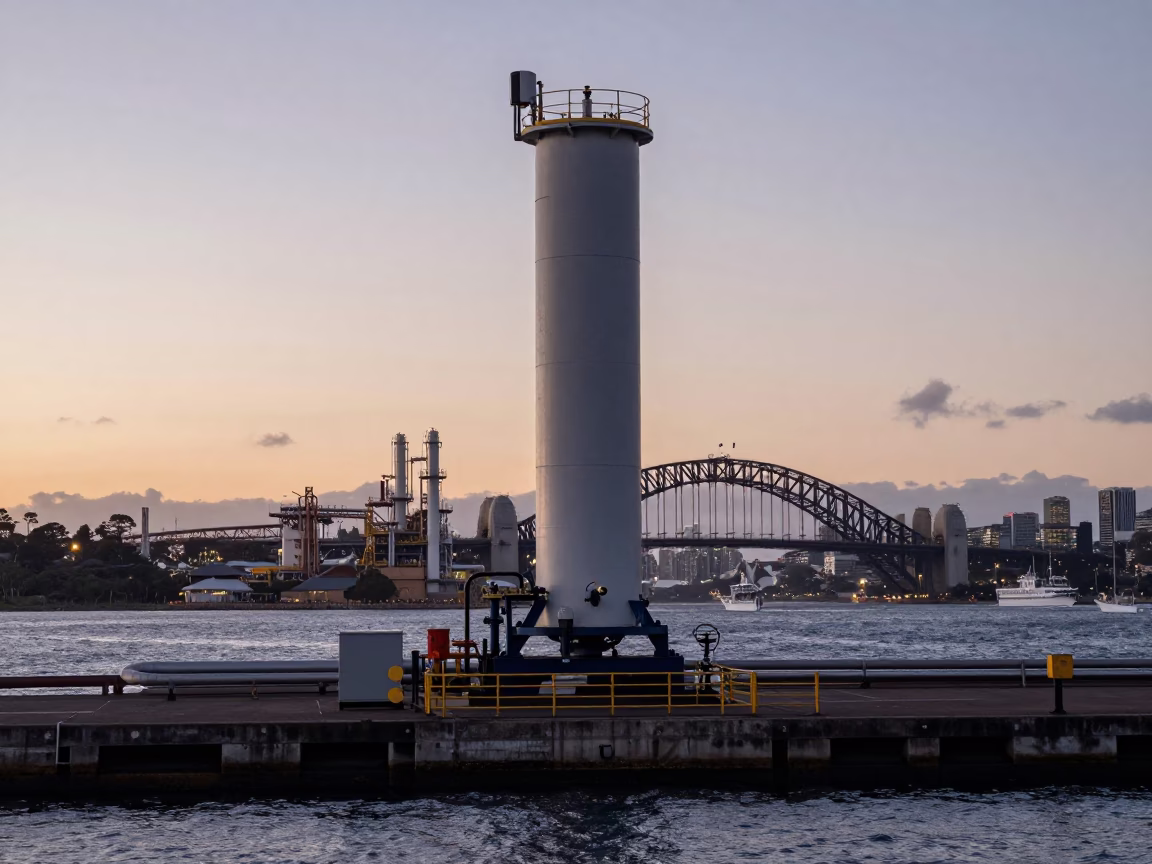 Sydney Harbour Dawn Industrial Infrastructure with Pipeline Equipment and Condensation in in Sydney, New South Wales, Australia