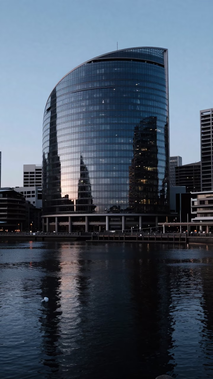 Sydney Harbour Dawn Reflections on Glass Facade Near Circular Quay Before Sunrise in in Sydney, New South Wales, Australia