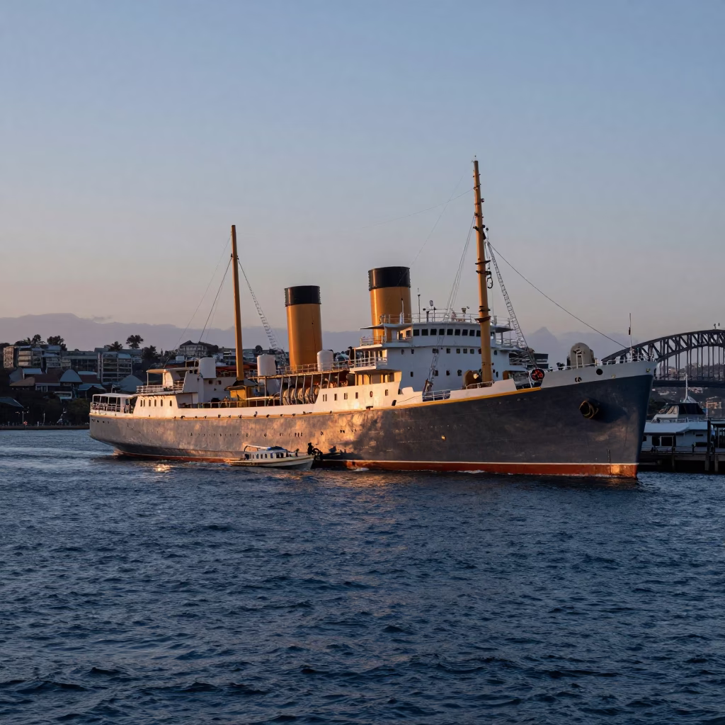 Sydney Harbour Dawn Steamship Listing in Harbor Swell Before Sunrise in in Sydney, New South Wales, Australia