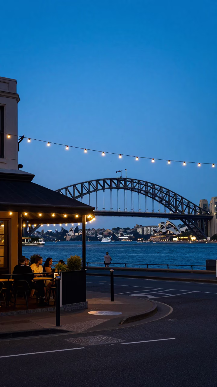 Sydney Harbour Dawn Street Scene with String Lights and Vintage Neon Signage in in Sydney, New South Wales, Australia