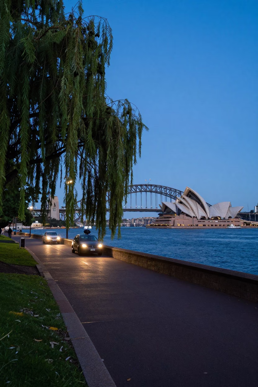 Sydney Harbour Evening Commute with Weeping Willow and Waterfront Walkway in in Sydney, New South Wales, Australia