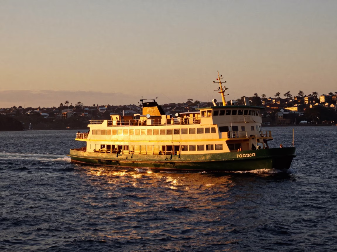 Sydney Harbour Evening Ferry Crossing Golden Light with Distant Skyline in in Sydney, New South Wales, Australia