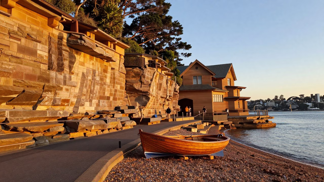 Sydney Harbour Evening Light with Historic Stone Architecture and Coastal Activity in in Sydney, New South Wales, Australia