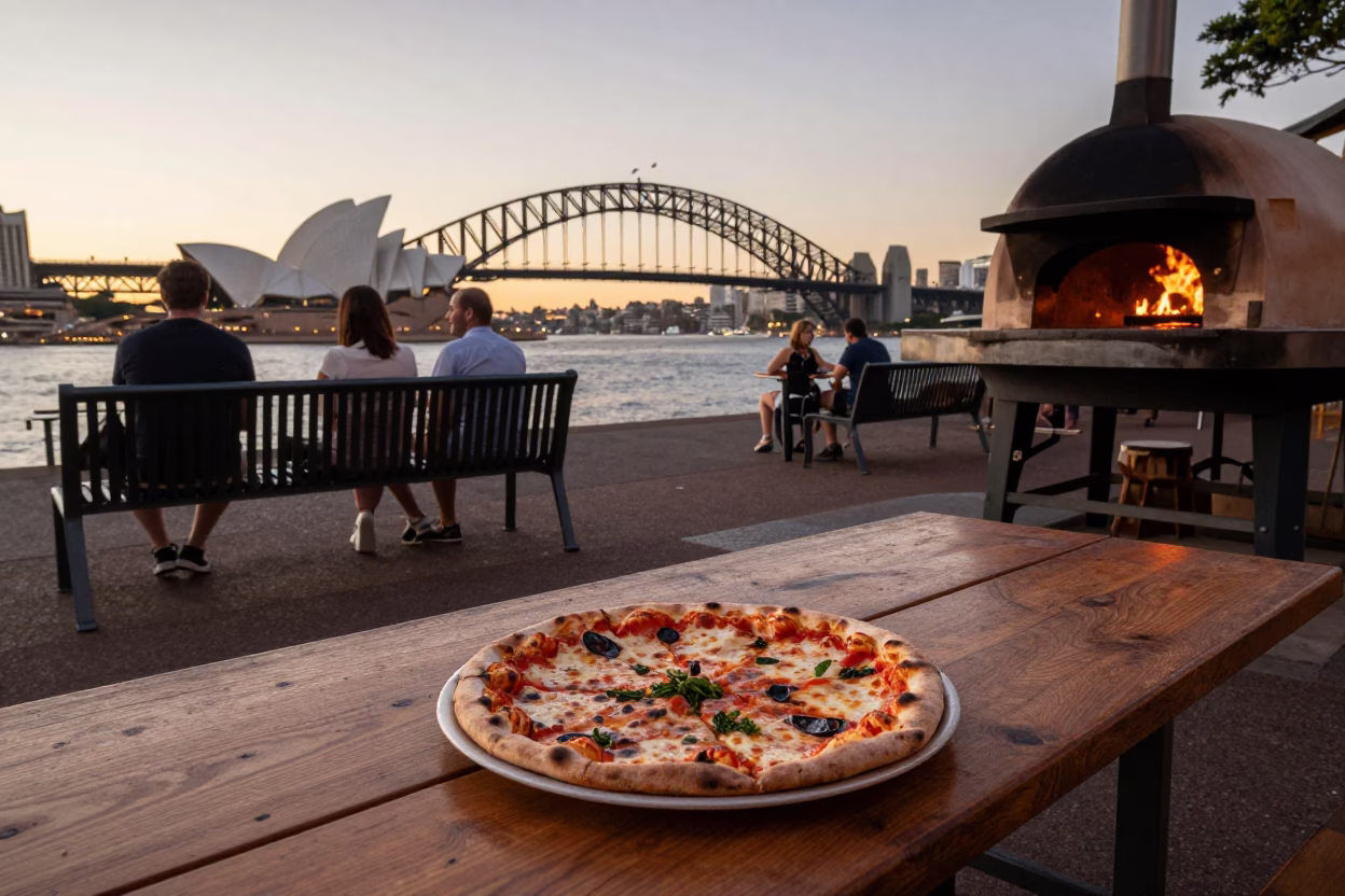 Sydney Harbour Evening Light with Pizza and Steel Bench in in Sydney, New South Wales, Australia