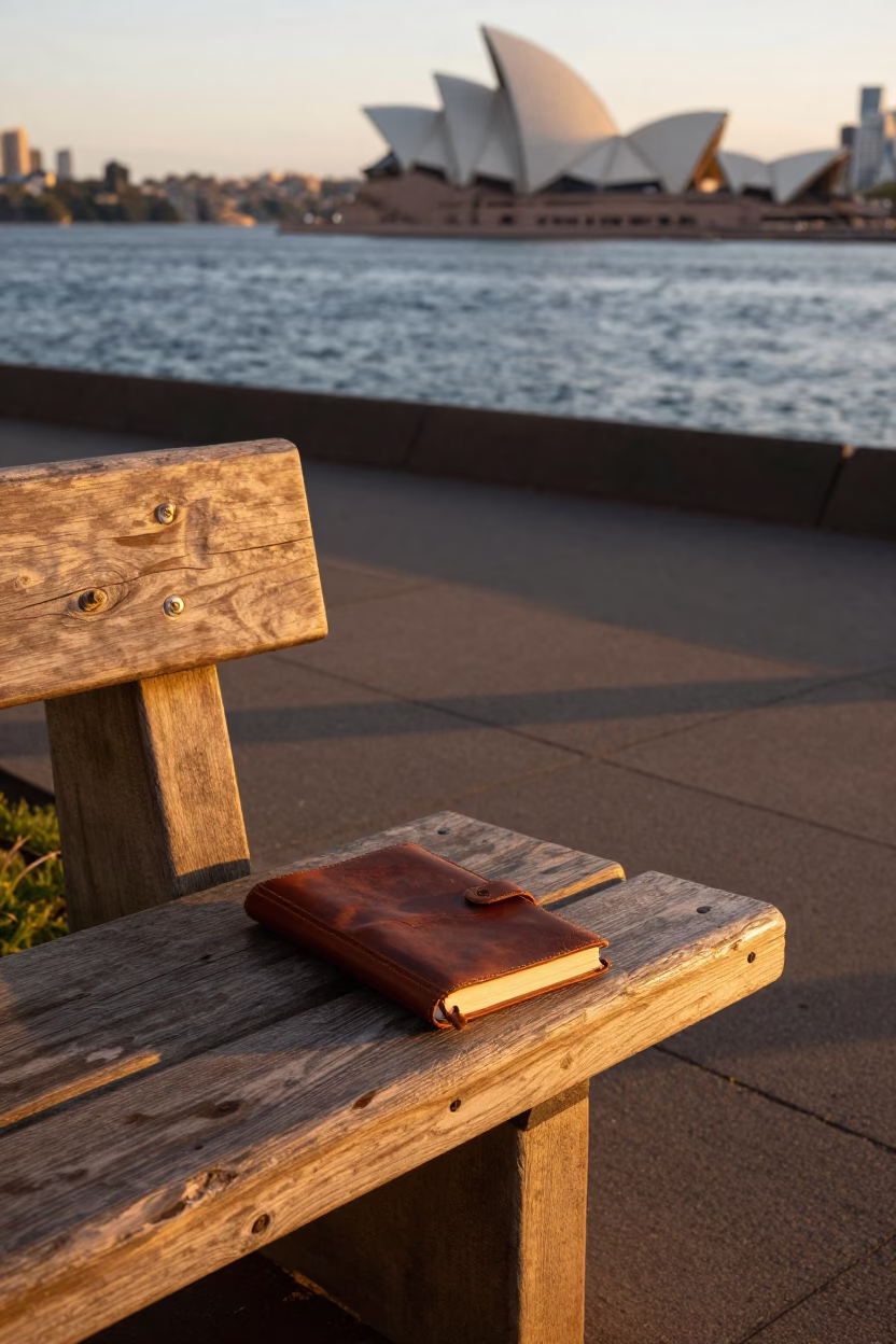 Sydney Harbour Evening Light with Vintage Notebook and Coastal Views in in Sydney, New South Wales, Australia