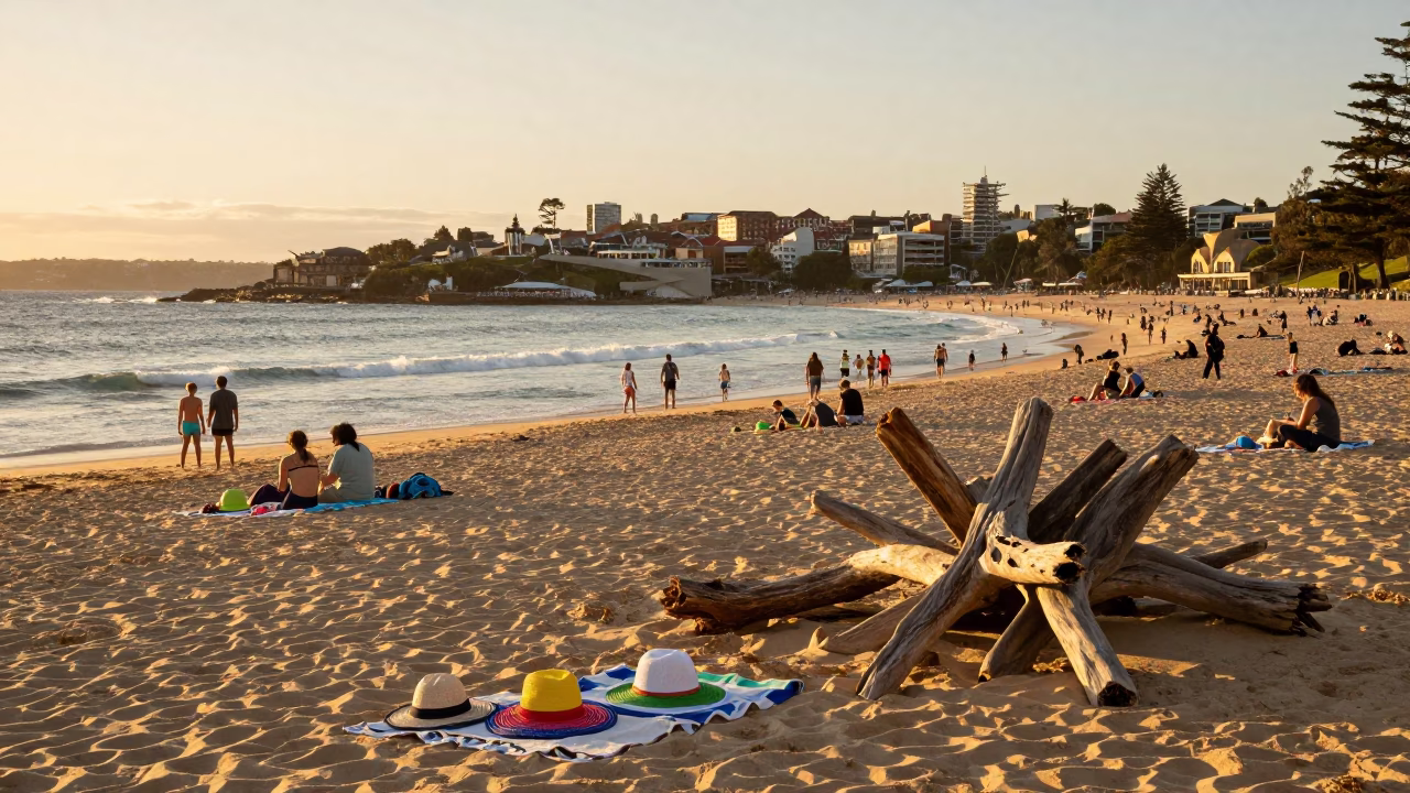 Sydney Harbour Evening Scene with Sun Hats and Driftwood on Bondi Beach in in Sydney, New South Wales, Australia