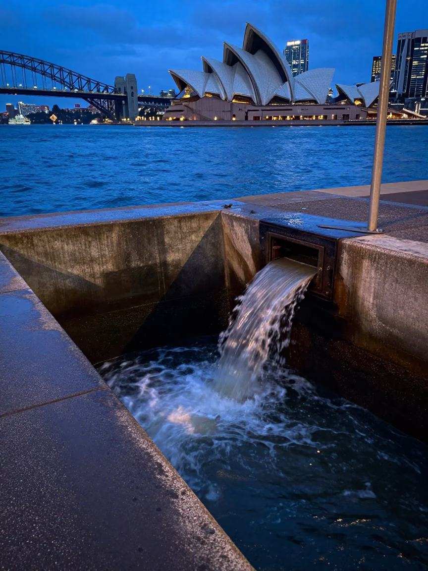 Sydney Harbour Evening Storm Drain Outfall and Urban Water Reflections in in Sydney, New South Wales, Australia