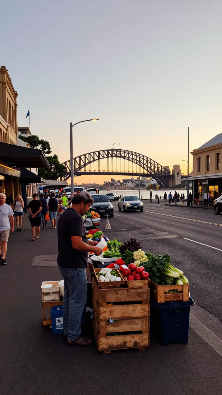 Sydney Harbour Evening Street Scene with Local Market Goods and Apron in in Sydney, New South Wales, Australia