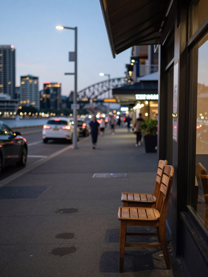 Sydney Harbour Evening Street Scene with Tea Stains and Urban Details in in Sydney, New South Wales, Australia