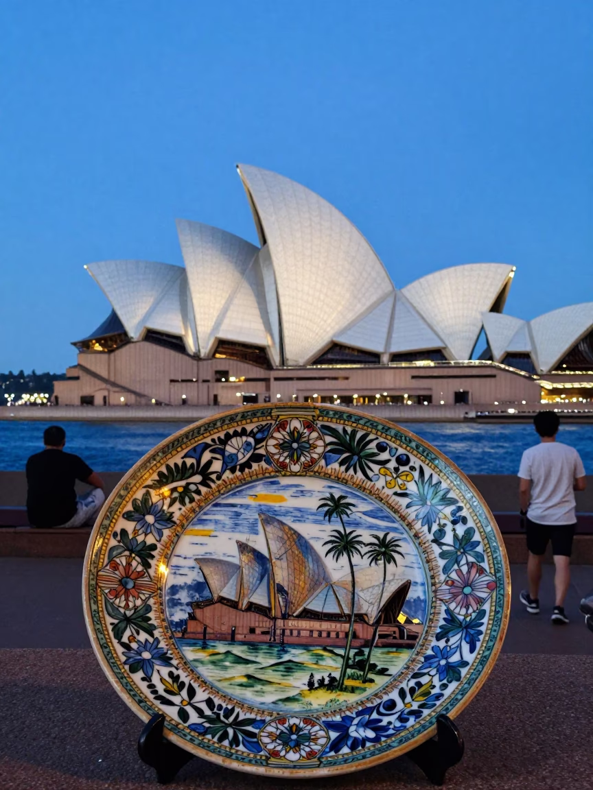 Sydney Harbour Evening Street Scene with Vintage Majolica Plate and Hand Fork in in Sydney, New South Wales, Australia