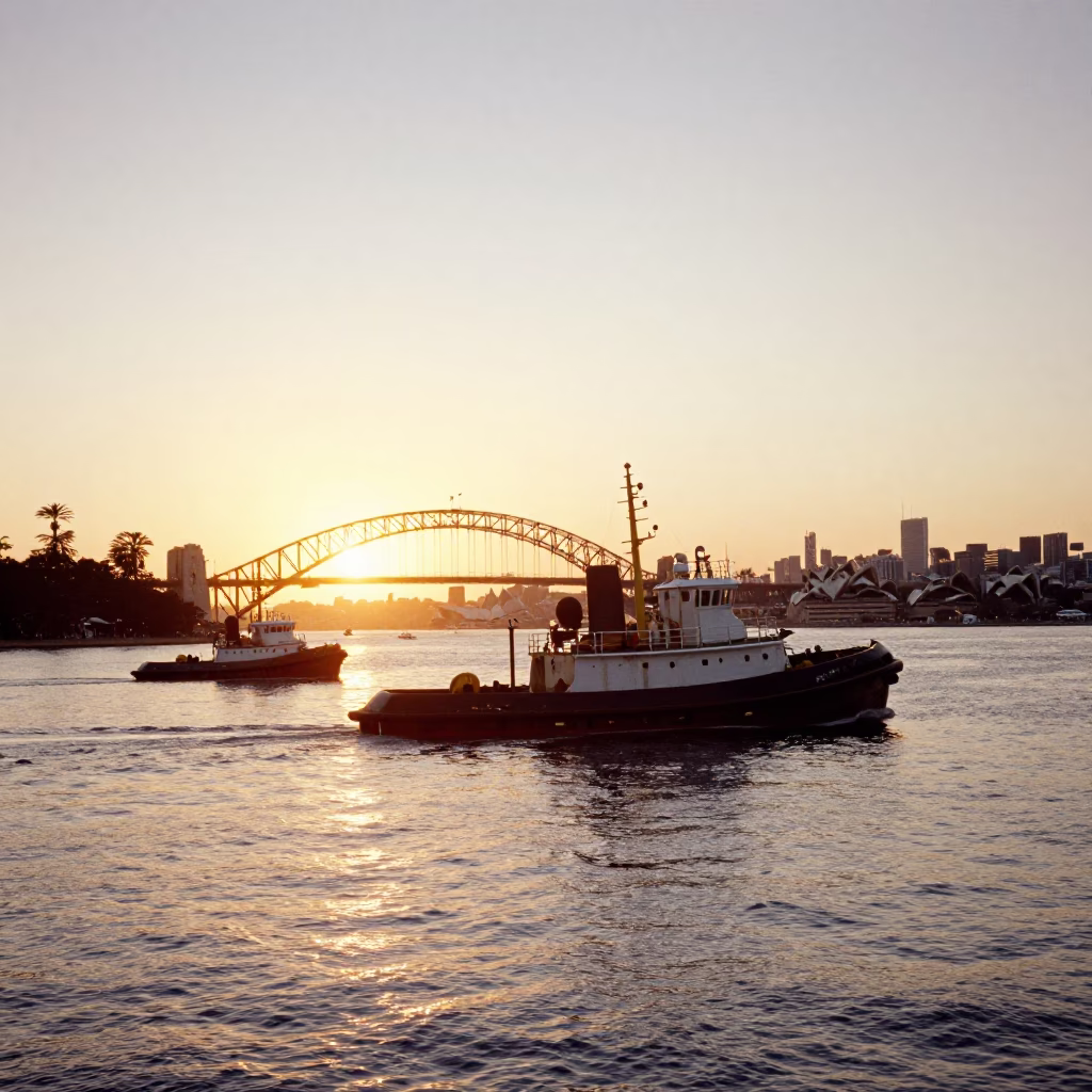 Sydney Harbour Evening Tugboat Fleet Guiding Tanker at Sunset in in Sydney, New South Wales, Australia