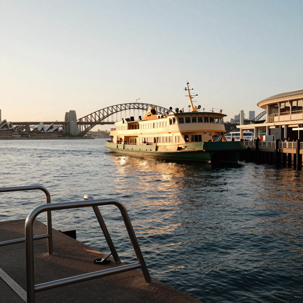 Sydney Harbour ferry approach in honeyed evening light with stair rail and mallet in in Sydney, New South Wales, Australia