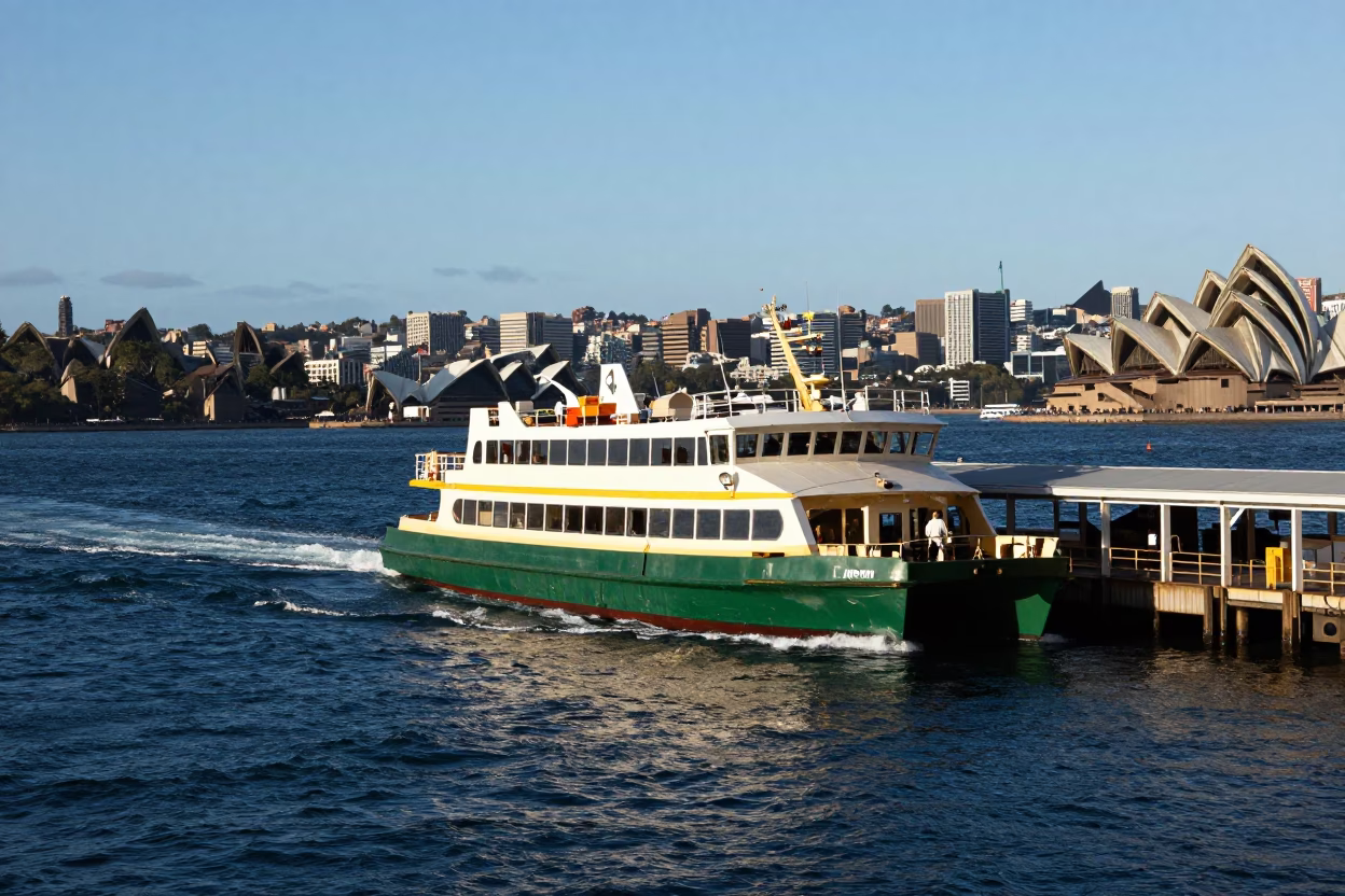 Sydney Harbour Ferry Departing Circular Quay with Blue Mountains in Late Afternoon Light in in Sydney, New South Wales, Australia