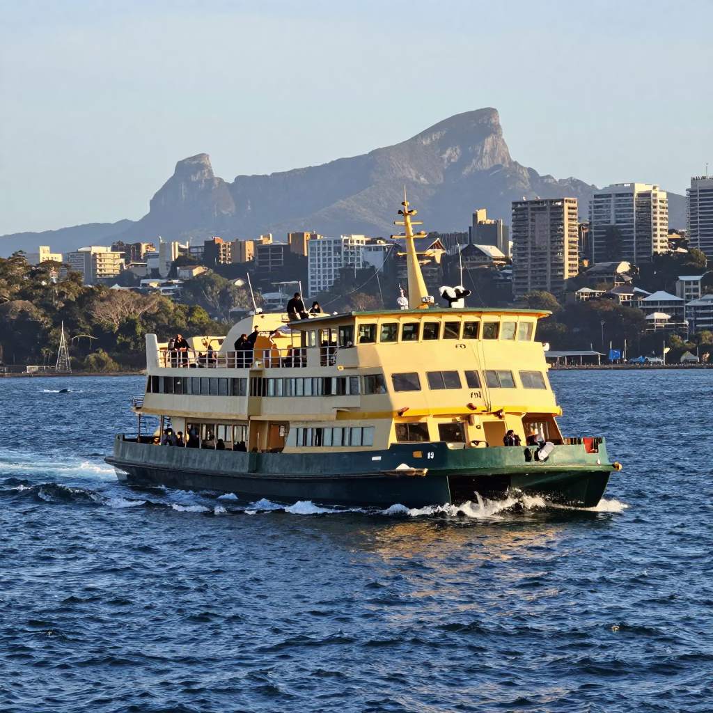 Sydney Harbour Ferry Departure with Mountains in Background Early Afternoon in in Sydney, New South Wales, Australia
