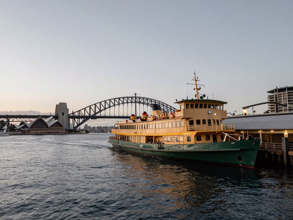 Sydney Harbour Ferry Dock at Nautical Dawn with Vintage 1950s Loading Activity in in Sydney, New South Wales, Australia