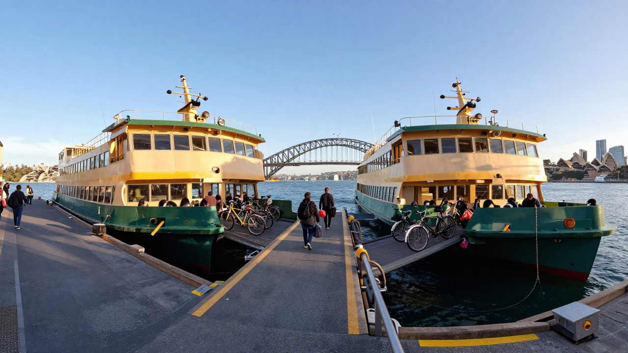 Sydney Harbour Ferry Loading Passengers and Bicycles in Late Afternoon Light in in Sydney, New South Wales, Australia