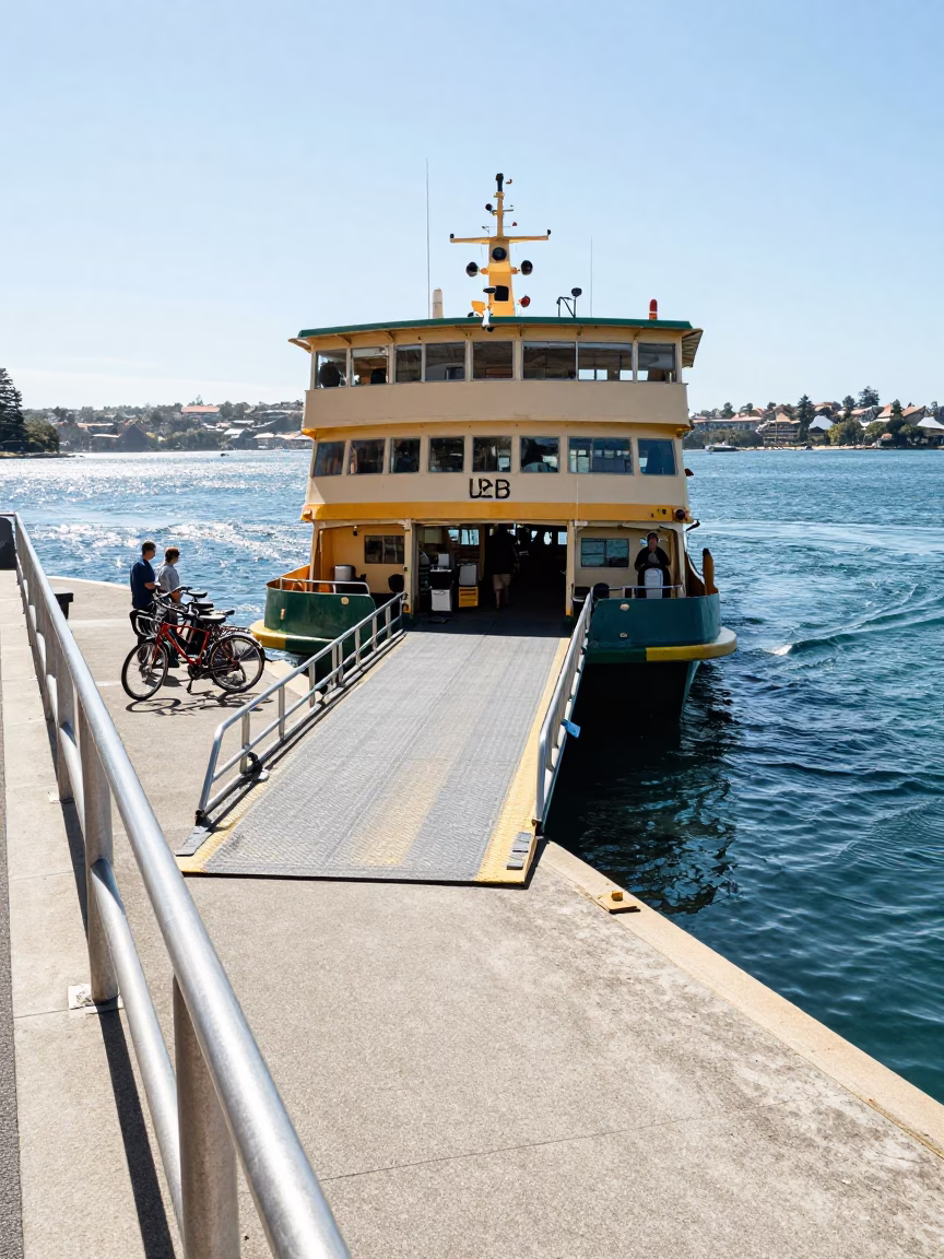 Sydney Harbour Ferry Loading Passengers and Bicycles Under Harsh Noon Sun in in Sydney, New South Wales, Australia