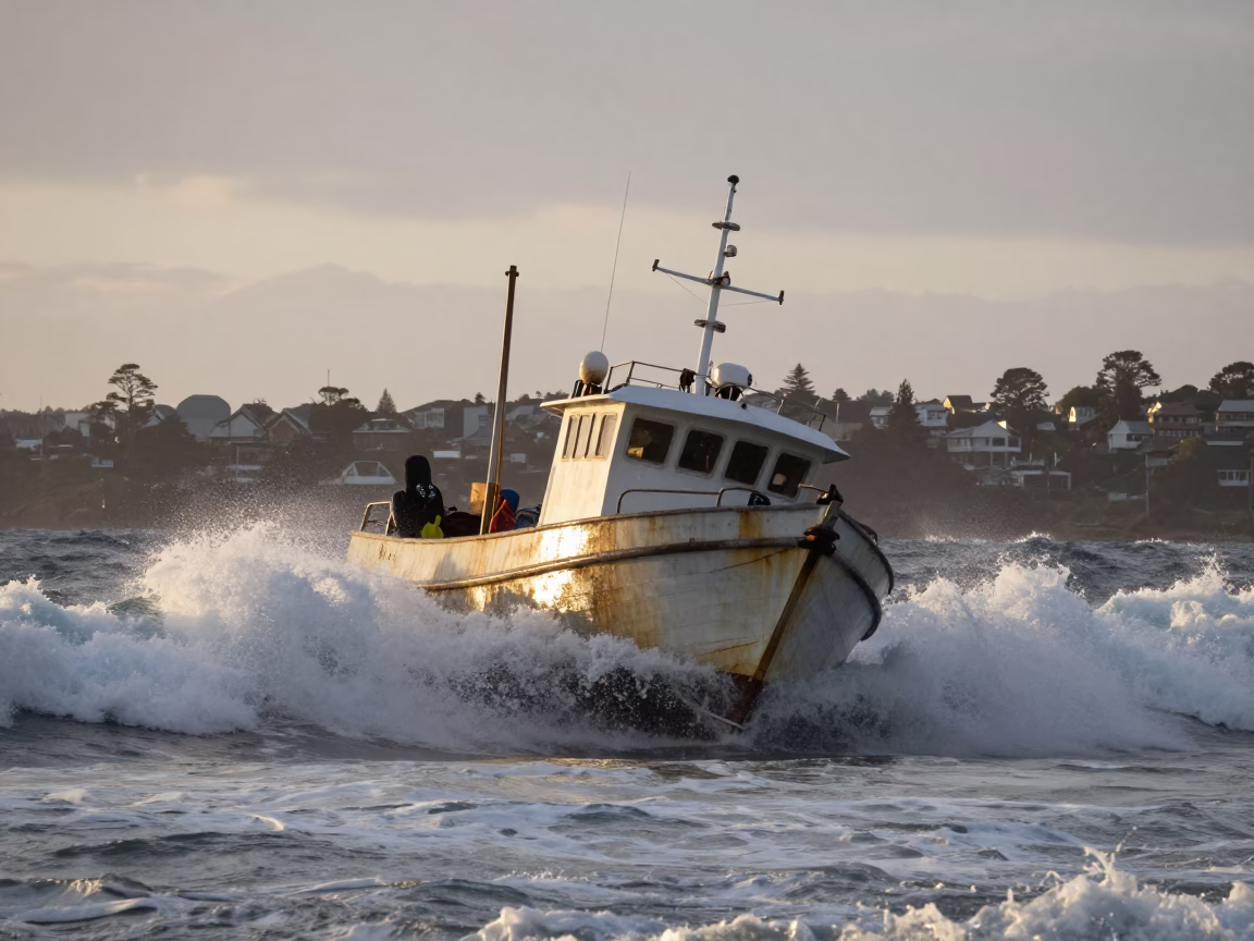 Sydney Harbour Fishing Boat Returning Through Crashing Surf at Nautical Dawn in in Sydney, New South Wales, Australia
