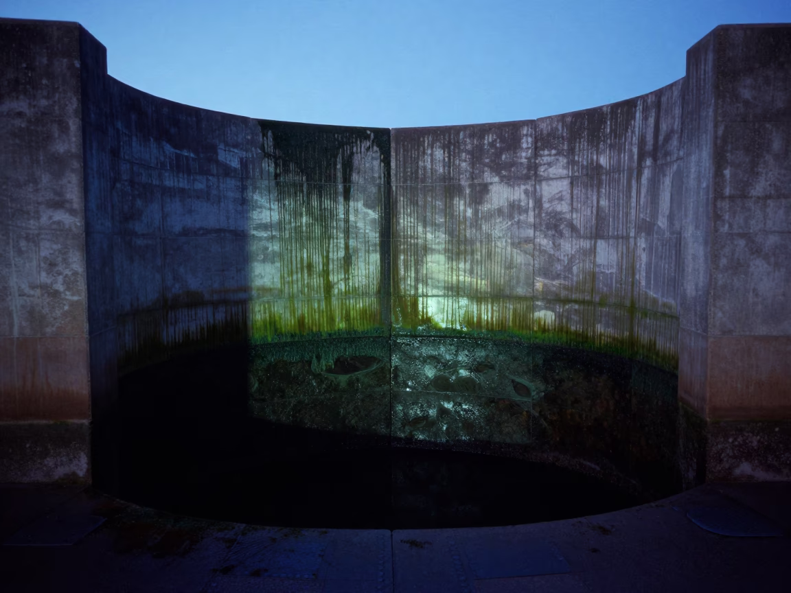 Sydney Harbour floodgate chamber at blue hour with algae concrete walls in in Sydney, New South Wales, Australia