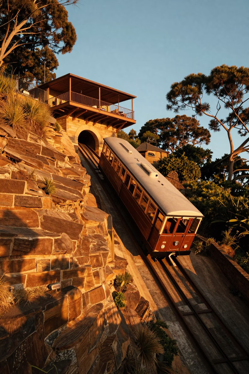 Sydney Harbour Funicular Railway Ascending Cliffside Restaurant in Golden Hour Light in in Sydney, New South Wales, Australia