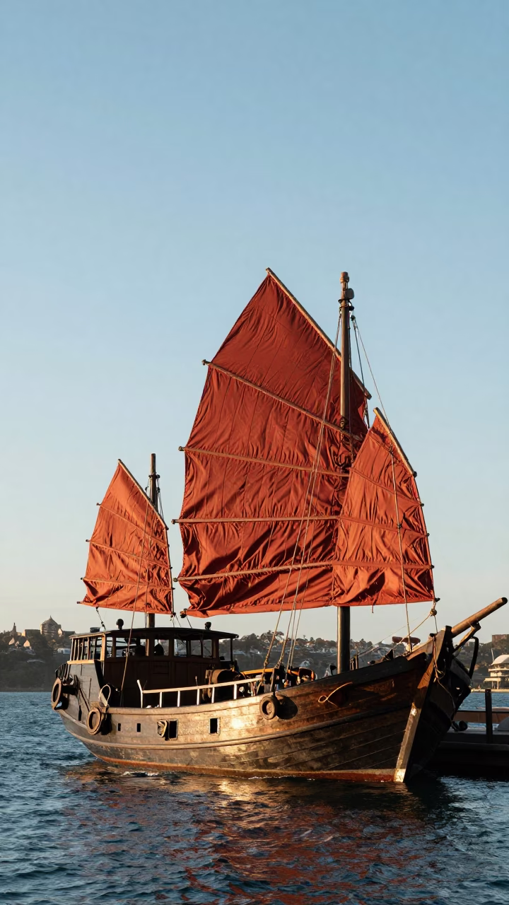 Sydney Harbour Junk Boat with Rust-Red Battened Sails Anchored in Late Afternoon Light in in Sydney, New South Wales, Australia